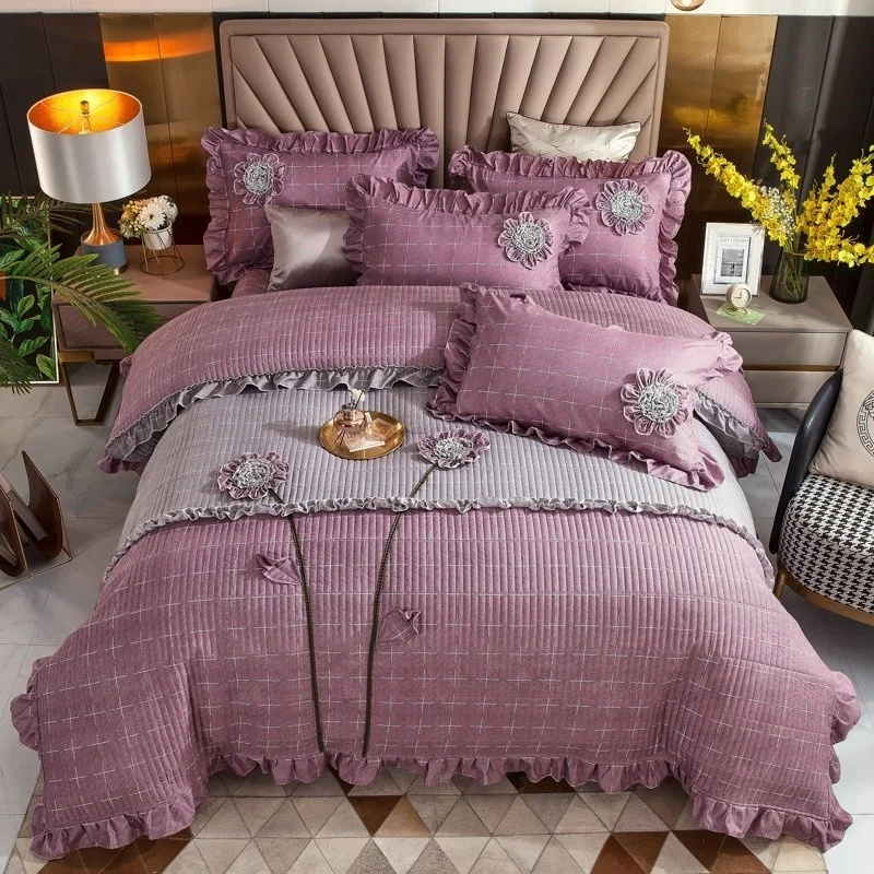 

100% Cotton Soft Quilted Duvet Set Zipper Close Flowers Bedspread Bed Cover Full Queen 4pcs with 1Bed Sheet 2 Pillow shams