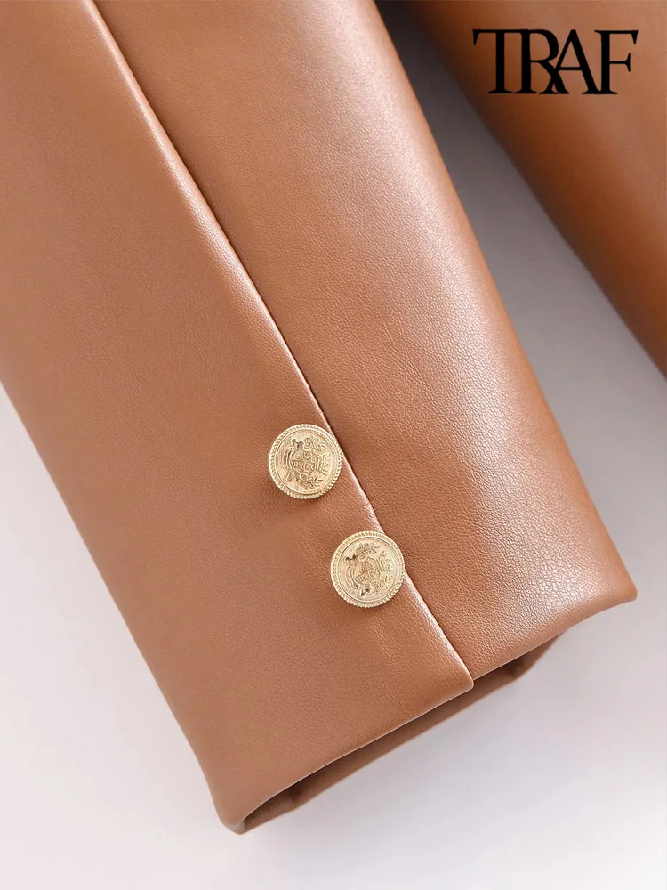 Женский блейзер из искусственной кожи TRAF винтажный с длинными рукавами и