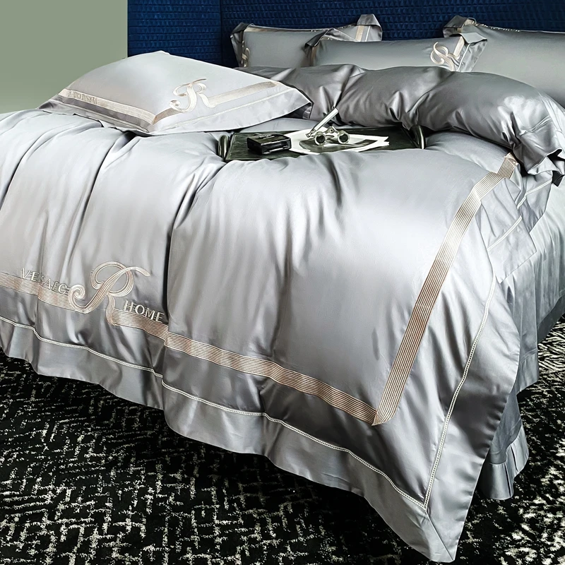 

New Style High end Pure Cotton Simple Style Embroidery Bedding Set Four Piece Duvet Cover Bed Sheet Pillow Cover Grey