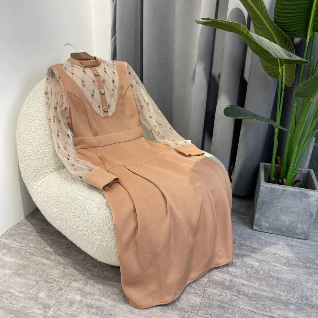 

Unique Designer Clothing 2022 Spring Newest Vintage Flowers Embroidered Mesh See Through Long Sleeve Woman Dresses