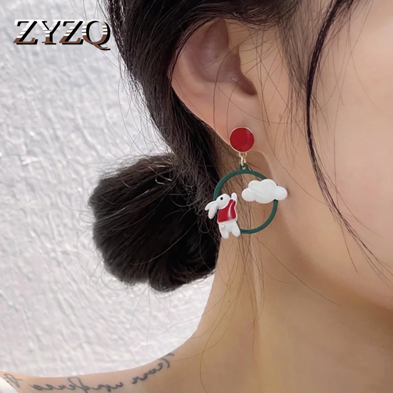 

ZYZQ 2022 Super Cute White Rabbit Chasing Clouds Earrings for Women Alloy Spray Paint Dripping Oil Earrings Jewelry Accessories
