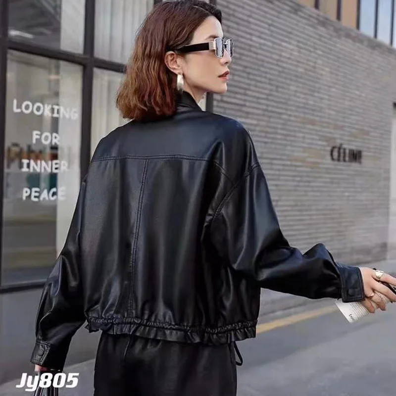 1pcs Women's PU Leather Jackets Coat 2022 Autumn Fashion Faux Fur Buttons Splicing Bandage Ladies Skinny Locomotive Small Coats