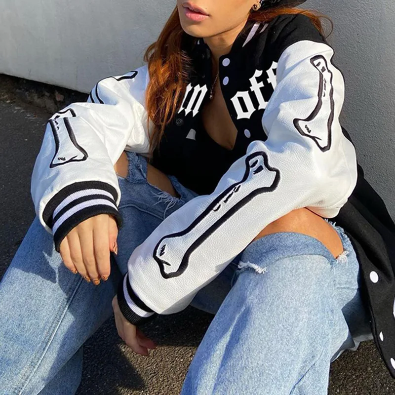 

Women Black Jackets Spring Letter Bone Print Oversized Coats Streetwear 2022 Y2K Long Sleeve Loose Outerwear Baseball Jacket