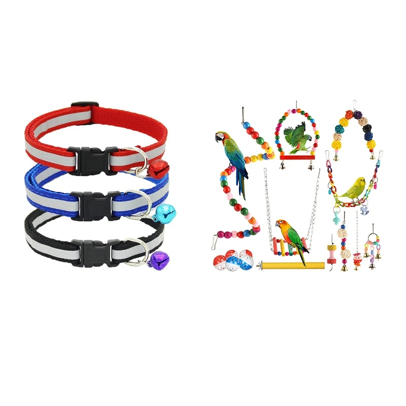 

3PCS Adjustable Reflective Pet Collar Safety Buckle with Bell with 15PCS Bird Parrot Toys, Bird Toys Parrot Swing Toys