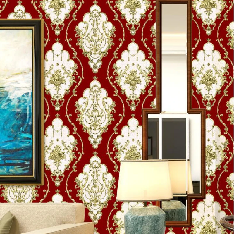 

PVC Wallpaper Roll Waterproof Luxury Damask Vinyl Wall Continental Paper White Black Blue Red Living Room Bedroom Home Decor