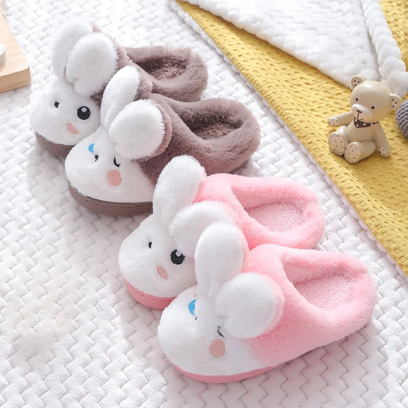 Children's Cotton Slippers Winter Warm Kids Shoes Cute Rabbit Cartoon Furry Shoes Little Girl Boys Soft Bottom Toddler Slippers