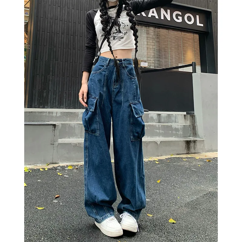 

womens'Multi-pocket cargo pants Y2K vintage high street fashion high-waisted jeans couple Harajuku simple casual wide-leg pants