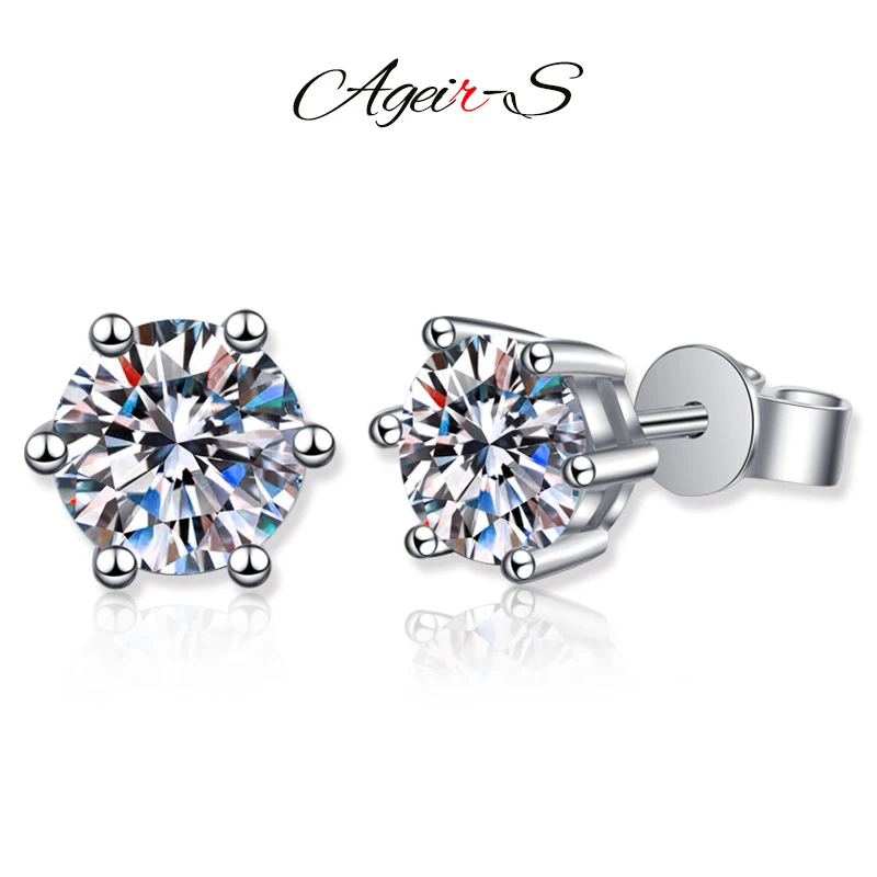 

Ageir-S Top Quality Moissanite Stud Earrings 1CT 6.5mm D Color 100% 925 Sterling Silver Sparkling Exquisite Jewelry For Woman