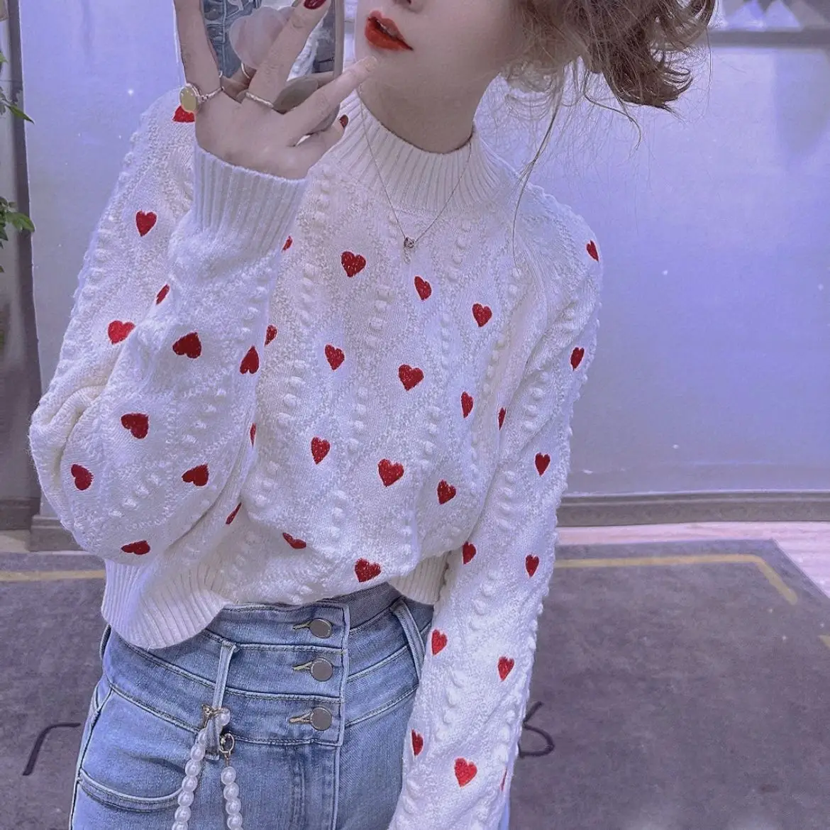 

Autumn Winter Women Lovely Sweater O-Neck Colorful Heart Embroidery Knitwear Loose All-Match Casual Pullover Femme U983