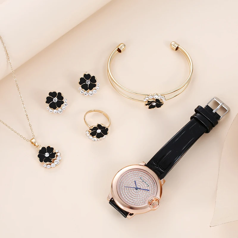 2023 Hot Selling Exquisite Love Snowflake Creative Flower Bracelet Women's Leisure Watch Set Holiday Girlfriend Gift Set