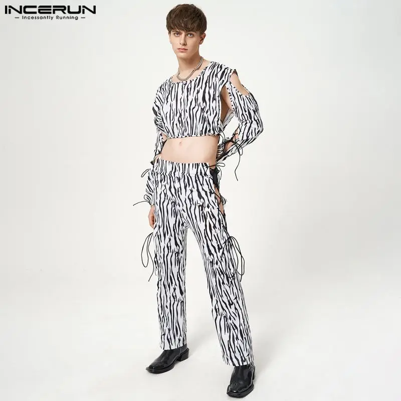 

INCERUN 2023 Handsome New Men's Sets Zebra Pattern Lace Design Sense Cropped Tops Long Pants Fashion Party Two-piece Sets S-5XL