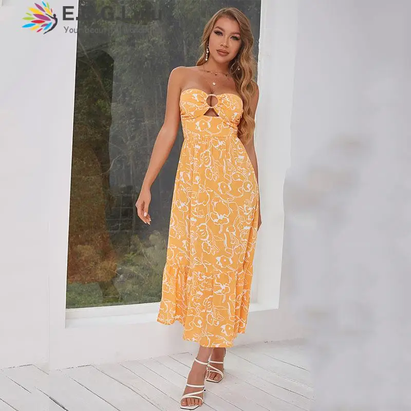 

Женское открытое пляжное платье без бретелек EDGLuLu, с квадратным вырезом и открытой спиной, оранжевое платье с цветочным принтом, лето 2022