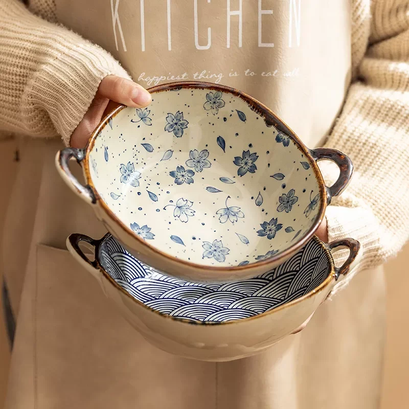 

7.5inch Japanese Household Noodle Bowl Ceramic Soup Bowl With Handle Salad Pasta Bowl Kitchen Tableware Microwave Oven Bakware