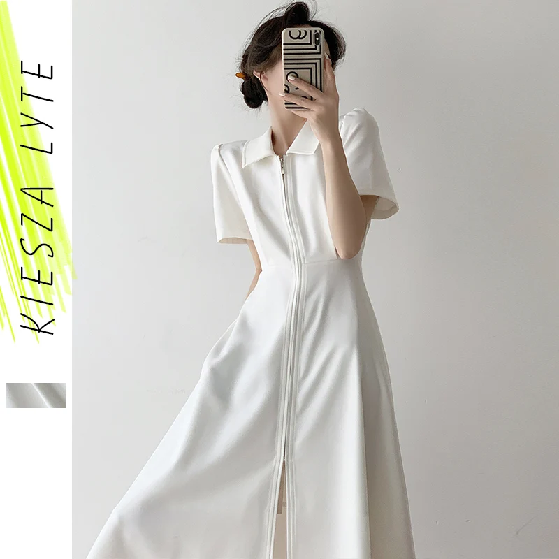

New Summer French Dress 2022 Elegant Zipper Solid White High Waist Slim Mid-length Dresses High Quarlity