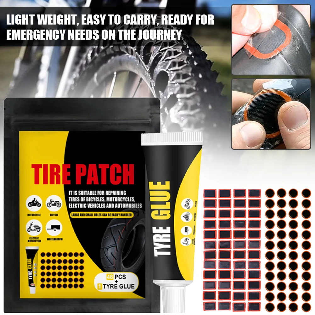 

48Pcs Bike Tire Repair Patch Bicycle Inner Tube Patch Kits Repair Puncture For Cycling Motorcycle ATV Road Bike With 12ml Glue