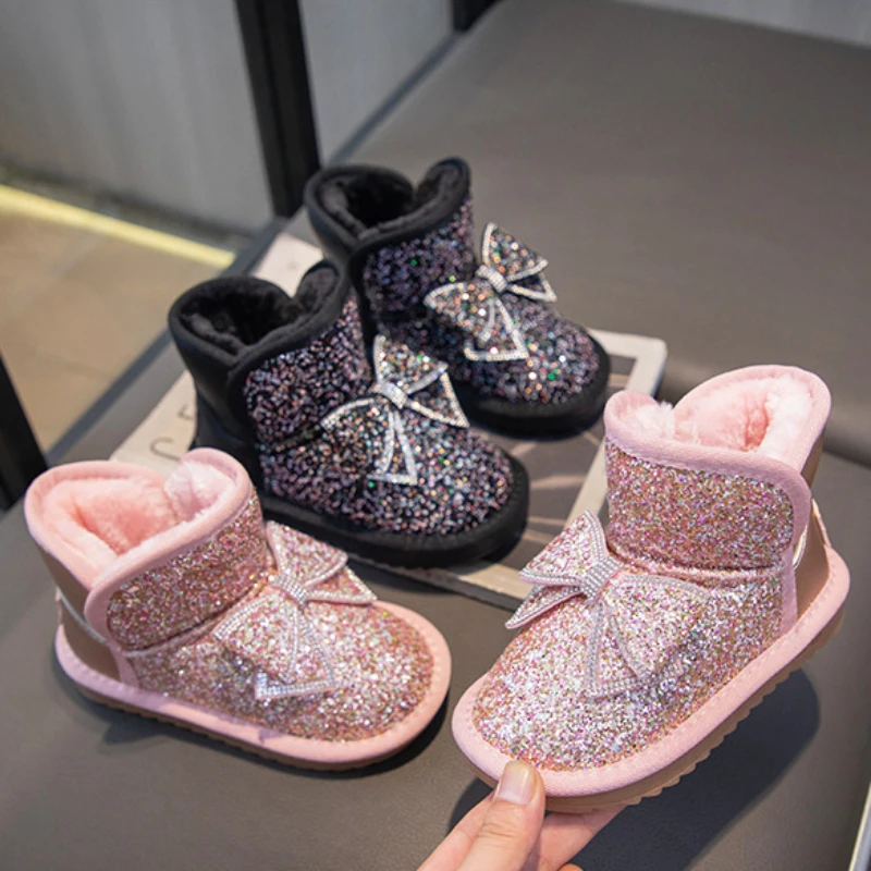 

Girls Snow Boots Winter New PU Leather Design Kids Short Boots Fashion Luxury Casual Cotton Shoes Fashion Girls Sequin Bow Boots
