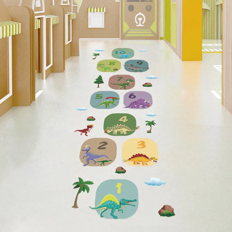 

Cartoon dinosaur coconut tree hopscotch children's room kindergarten decorative stickers DIY self-adhesive home decor modern