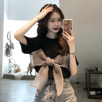 chic clothes womens design sense niche summer 2022 new style foreign style age reducing bowknot short sleeve t shirt ins