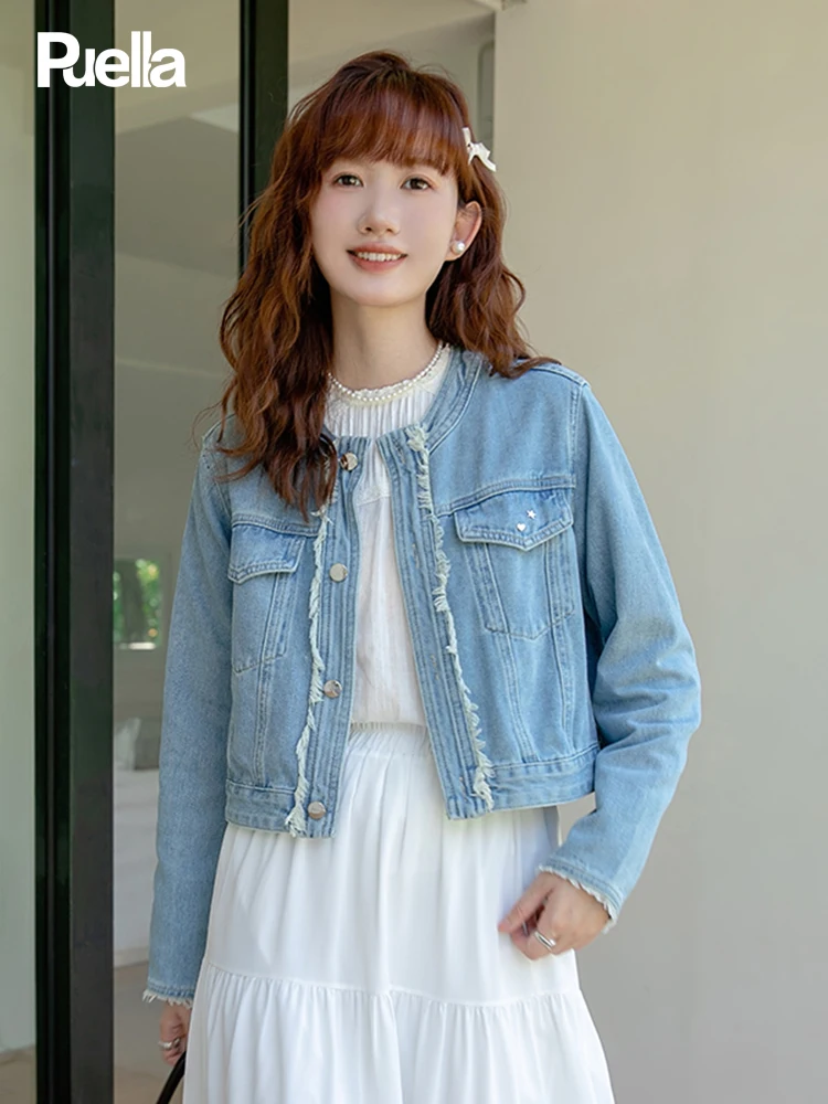 La Chabell Puella Short Denim coat Women Autumn Burr Design Sense Hong Kong Sle Vintage top