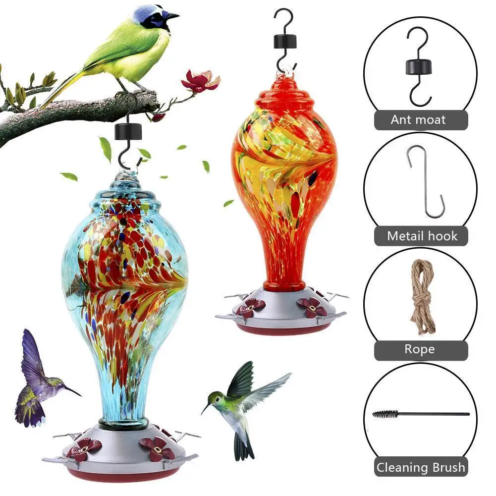 

Colorful Transparent Hummingbird Feeder Outdoor Stained Glass Bird Hanging Feeder Birds Drink Water Garden Supply 4 Feeder Ports