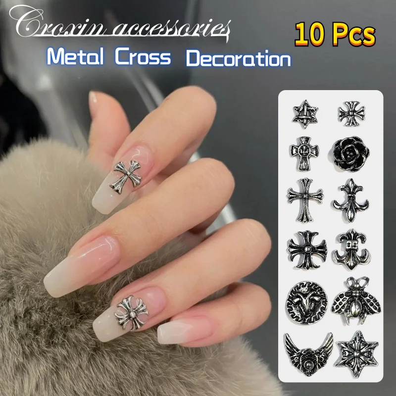 

10pcs Nail Charms Metal Small Cross Alloy Diamond Ancient Silver Nail Retro Punk Style Accessories Mini Nail Art Decorations