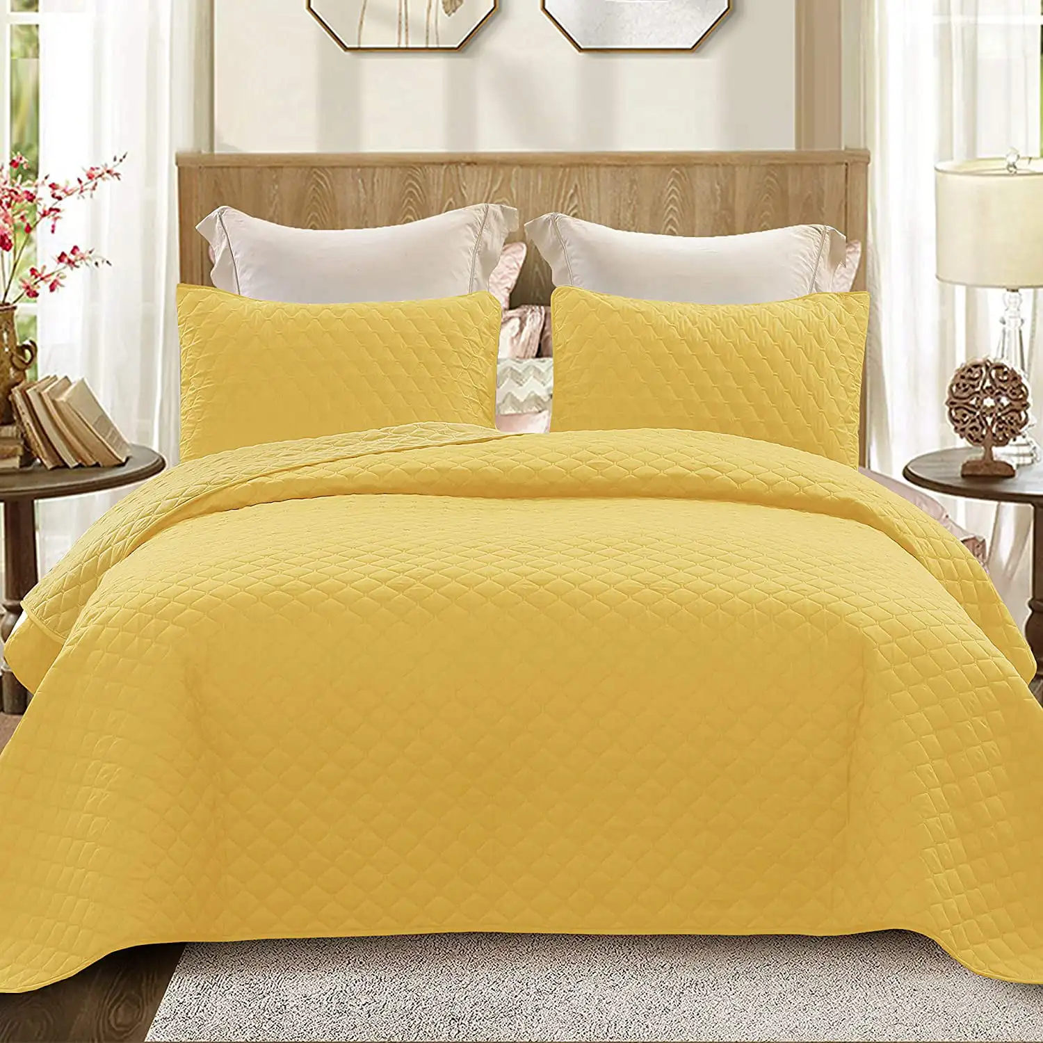 

Ultrasonic 2-Piece Twin Size Quilt Set with Pillow Shams Lightweight Bedspread/Coverlet/Bed Cover - (Yellow 68"x88")