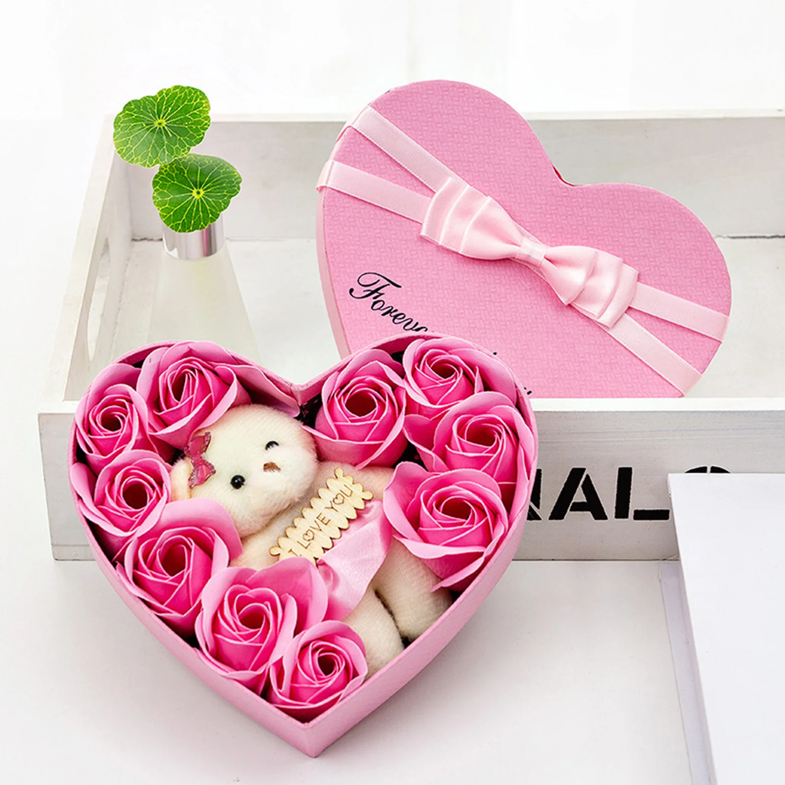 

2022 Valentines Day Gift 10 Flowers Soap Flower Gift Rose Box Bears Bouquet Wedding Decoration Gift Festival Heart-shaped Box