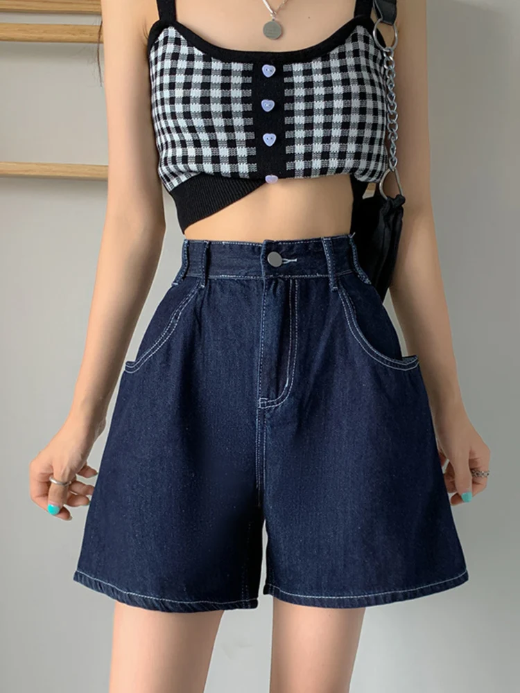 New Summer Women Wide Leg Straight Blue Denim Shorts Streetwear Female High Waist Button Loose Jeans Shorts Bottoms