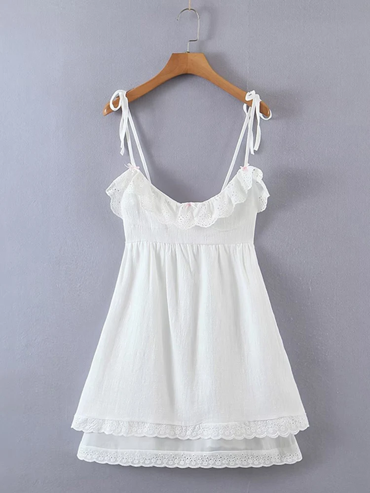 

Women White Spaghetti Strap Dress Summer Lace Spliced A-line Backless Mini Evening Dresses vestidos