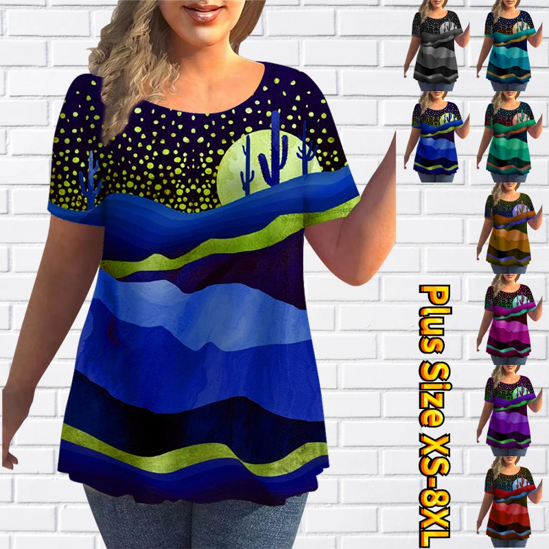 

2022 Cactus Print Short Sleeve Summer Women's Fashion Desert Landscape Print T-shirt Round Neck Loose Size Pullover Tee Shirt