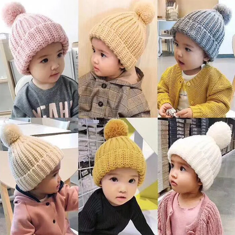 

Cute Pompom Children Hat Colorful Hairball Elastic Kids Baby Girl Boy Autumn Winter Beanie Hat Solid Color Knitted Beanies Cap