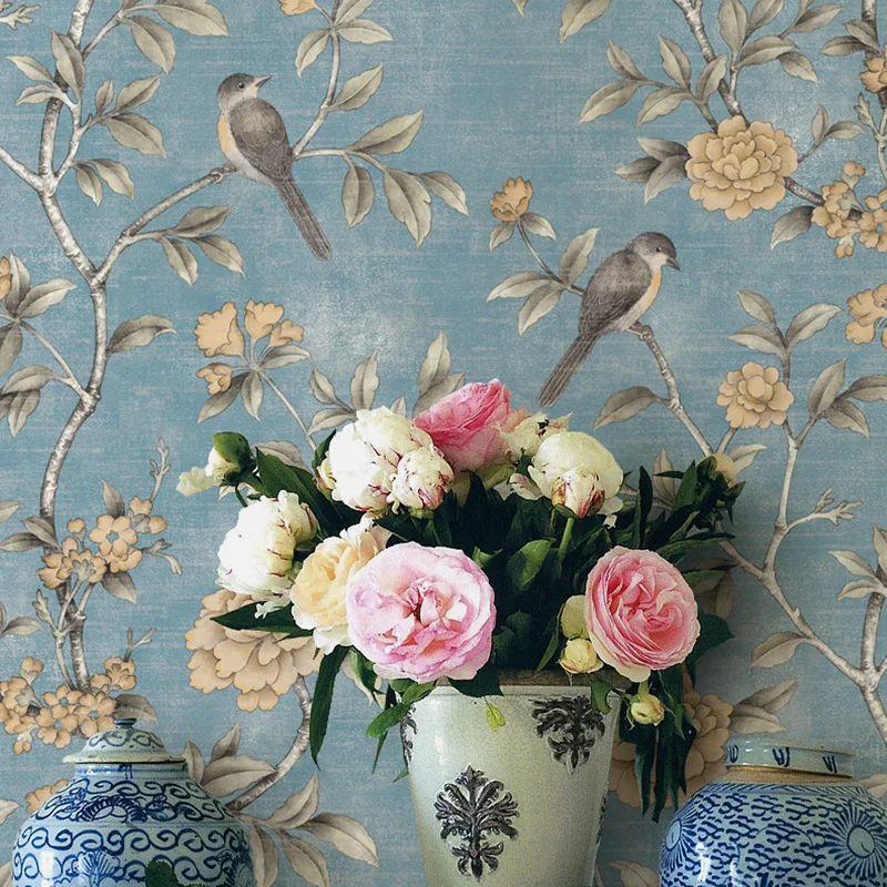 Buy Chinese Style Floral Wallpaper Classical Pastoral Flowers Birds Wall Paper Red Yellow Blue Chinoiserie Retro Girls Bedroom on