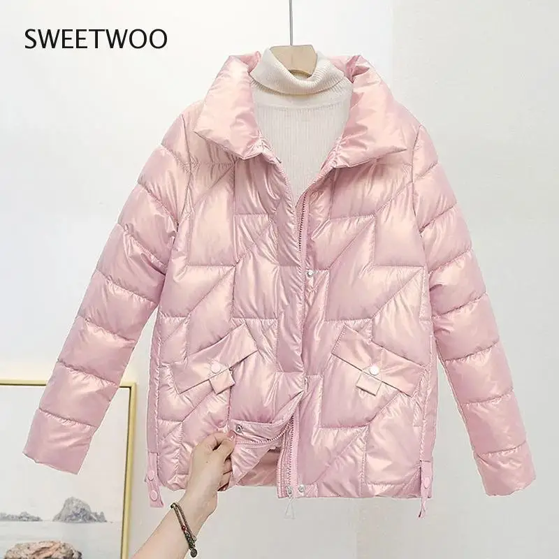 Women Jacket 2022 New Winter Parkas Female Glossy Down Cotton Jackets Stand Collar Casual Warm Parka Short Coat Female Outwear