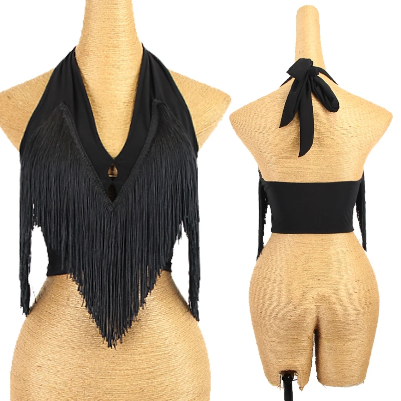 

Latin Dance Tops For Women Sexy Black Fringe Vest Professional Rumba Dance Practice Clothes Samba Tango Cha Cha Clothing DQL6819