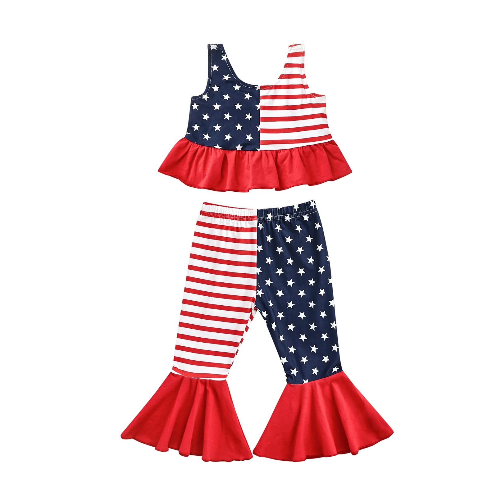 

2022-03-22 Lioraitiin 0-5Years Toddler Baby Girl Independence Day Fashion Summer Vest Top Flared Long Pants Stars Striped Pirnt