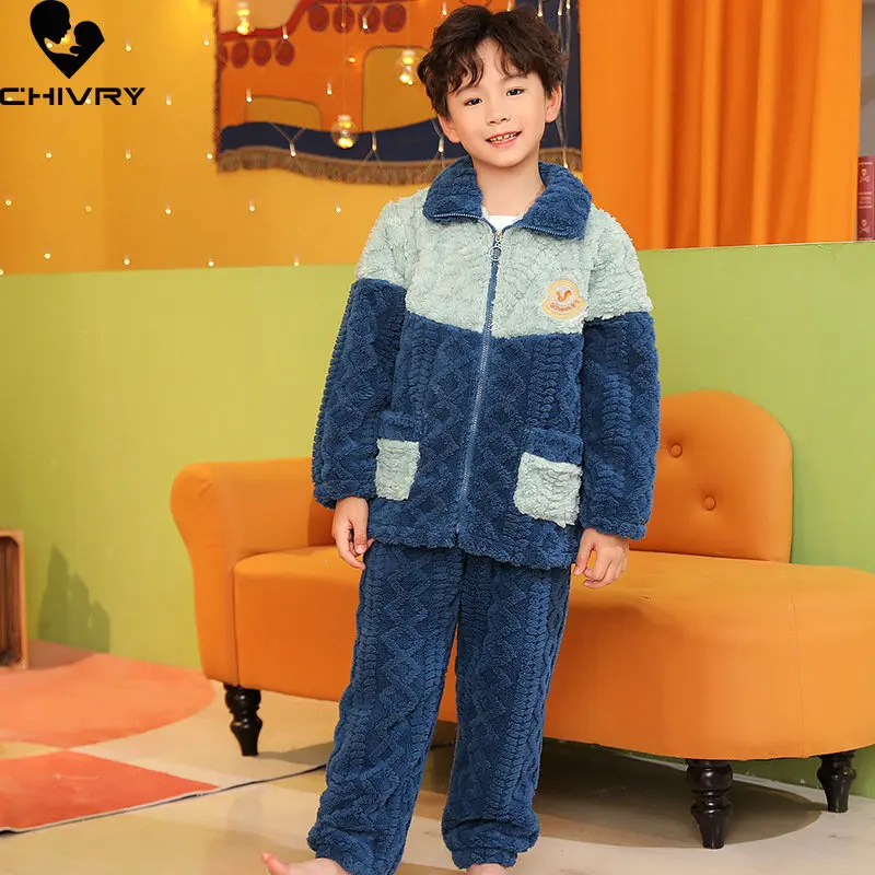 New Kids Flannel Pajama Sets Autumn Winter Boys Girls Thicken Warm Zipper Lapel Tops with Pants Baby Pyjamas Sleepwear Clothing
