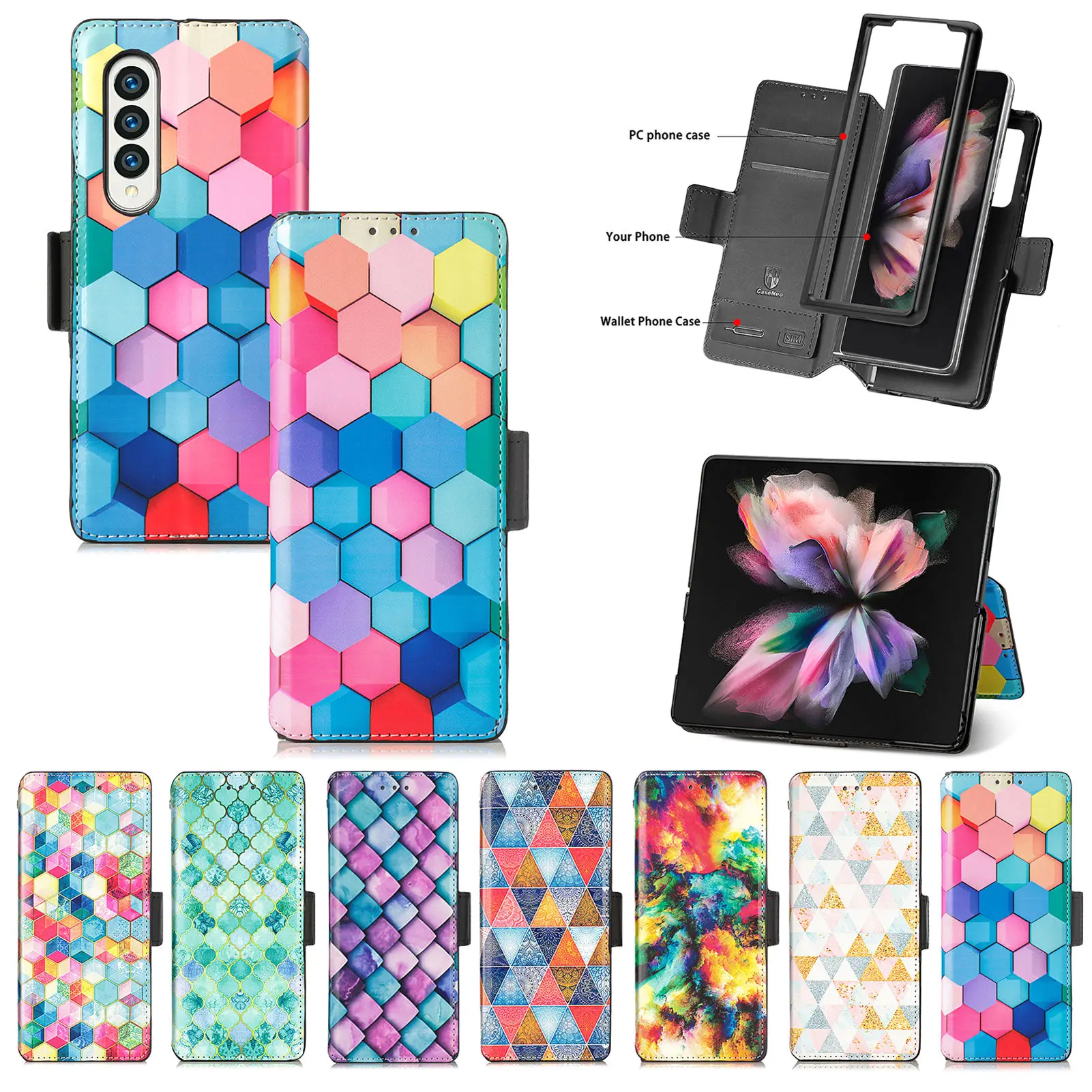 For Samsung Galaxy Z Fold 4 3 Case Luxury Colorful Painted Folding Holder Wallet Card Slot Shockproof Protect Cover Accessories