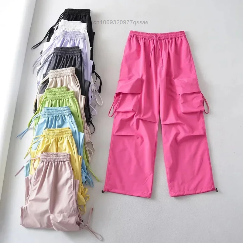 

Safari Style Colorful Multi-pocketed Sports Cargo Pants For Women Y2k Drawstring 2023 Summer Loose Trend Wide Leg Pants Trousers