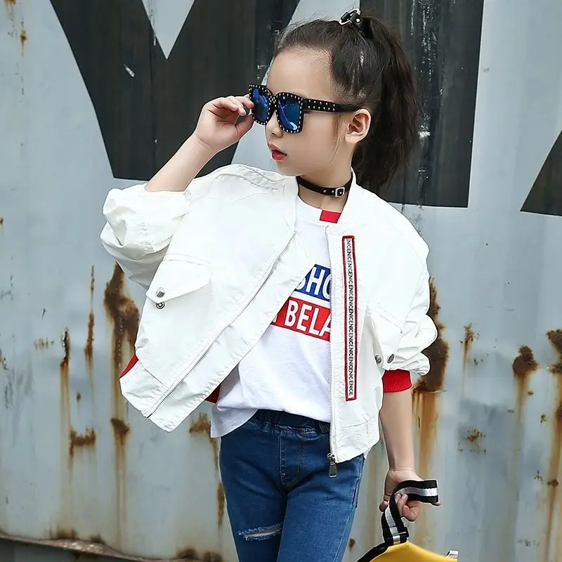 

Children's Spring Autumn Outerwear Coats for Girls White Bat Sleeves Oversize Biker Jacket Kids School Bomber Baseball Uniform