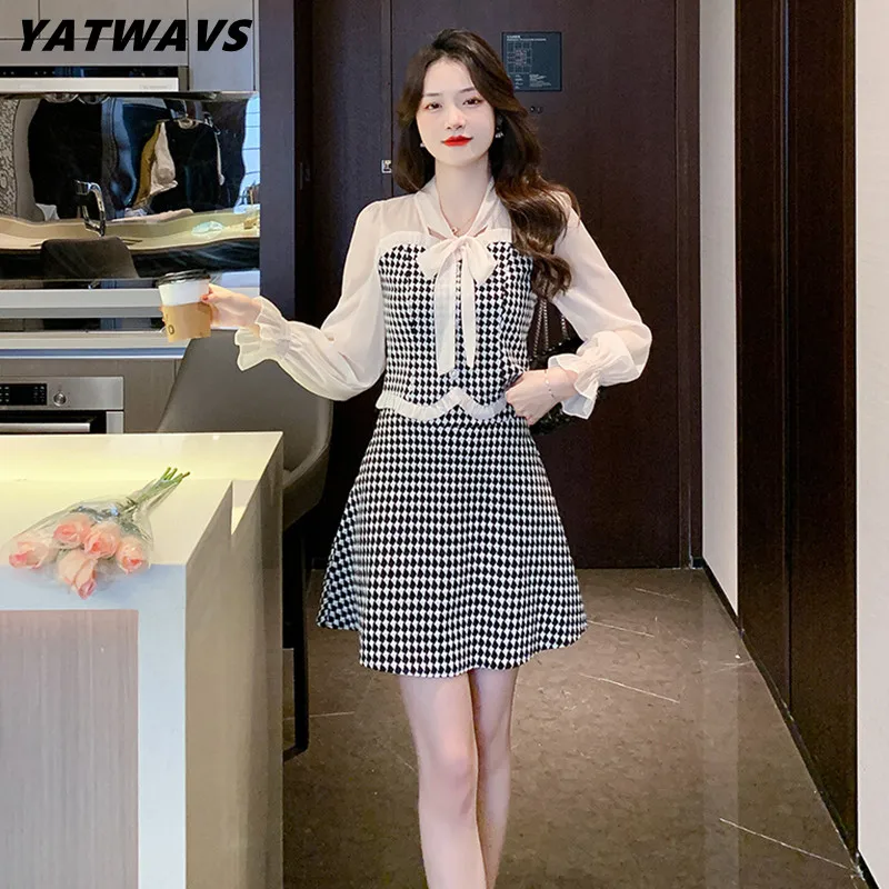 

Women's Fashion Vintage Lattice Patchwork Bow Tie Shirt Tops + High Waist Mini A-Line Woolen Skirts Sweet 2 Pieces Set Spring