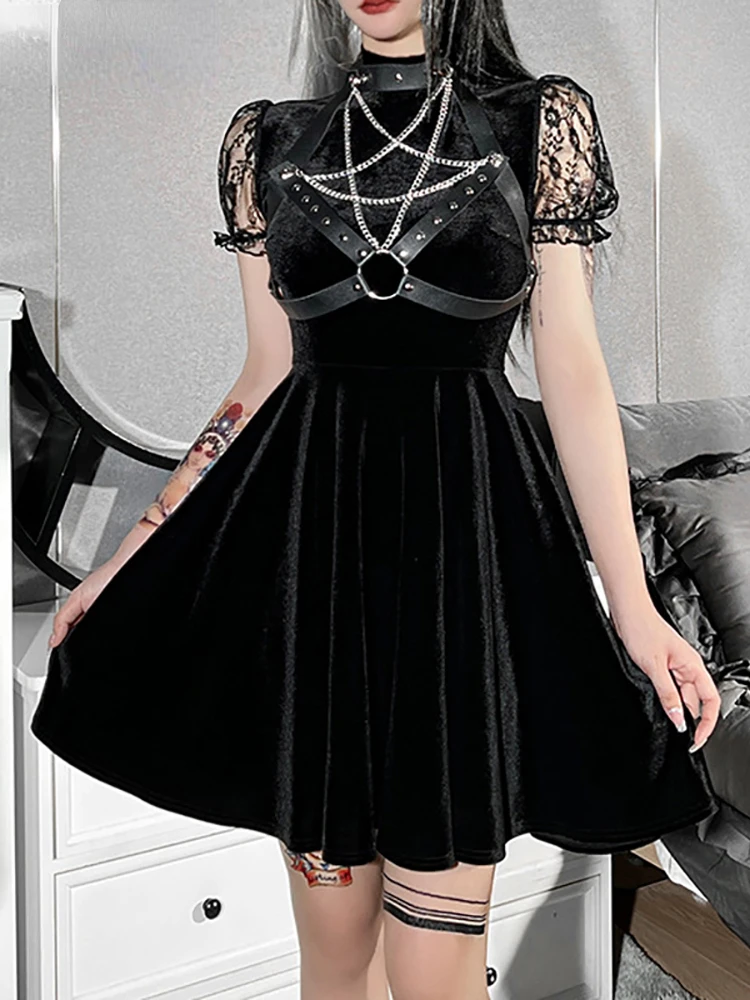 

Gothic Style Velvet Belt Pentagram Women Grunge Dresses Lace Puff Sleeves A-line Mini Dress Punk Black Party Club Alt Outfit New