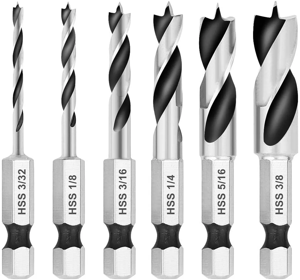 6pcs 1/4-Inch Quick Change Hex Shank  Brad Point Stubby Drill Bit Set For Woodworking High Speed Steel Home Power Tools