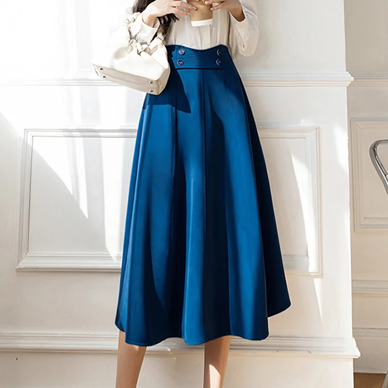 

Zeolore Women Elegant High Waist Button A-line Skirt Spring New Chic Mid-length Long Skirts Casual Office Lady Skirt QT1596