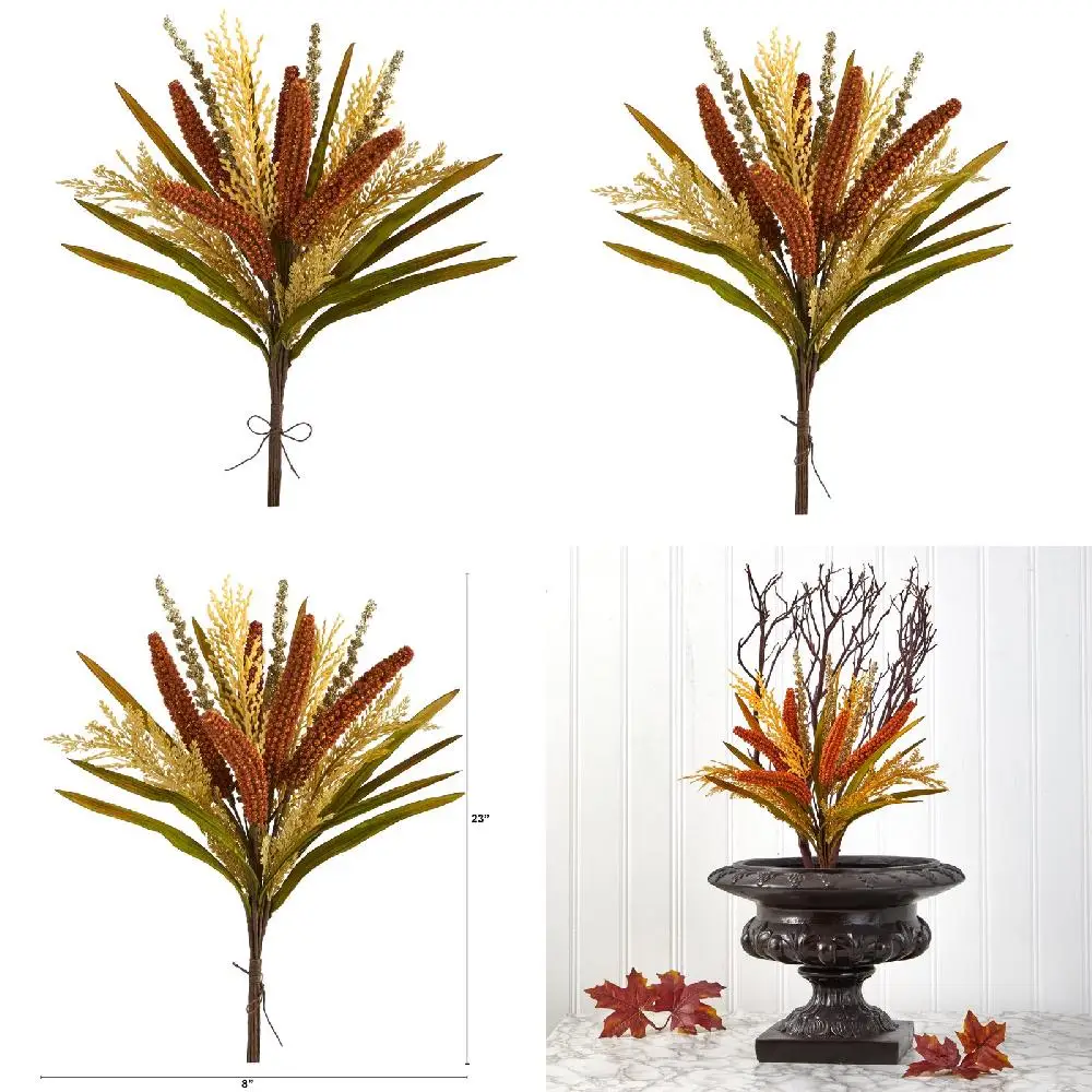 

Stylish Orange Artificial Sorghum Harvest Bush Flower Set of 3 – Home Decoration Accent for Garden and Special Occasions.