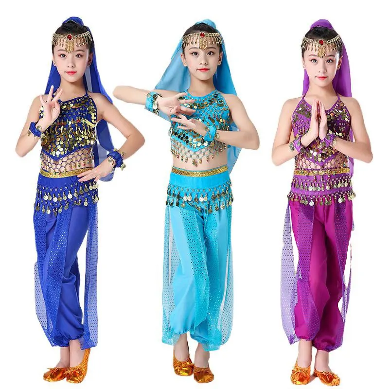 Костюм для девушек в восточном стиле сверкающий Топ и штаны танца живота