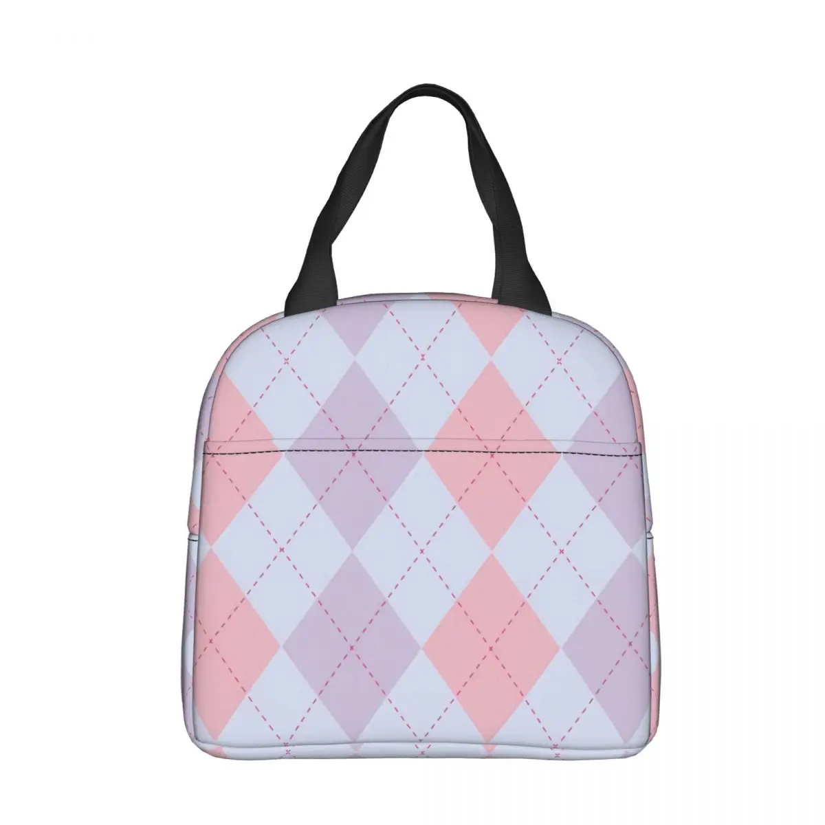 

Pink Purple Argyle Portable Lunch Bag Lattice Ice Cooler Pack Insulation Picnic Food Storage Bags