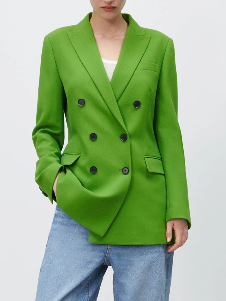 

Fashion Green Blazers Women Turn Down Collar Long Sleeve Double-breasted Slim Jackets Female Streetwear Elegant Lady Blazer 2023