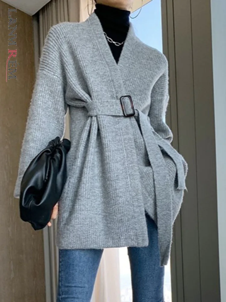 

LANMREM Women Sweater Korean Style Loose Outerwear Retro Cardigan Mid-length Thickened Sweaters Cold Coat Women Fashion 2R3380