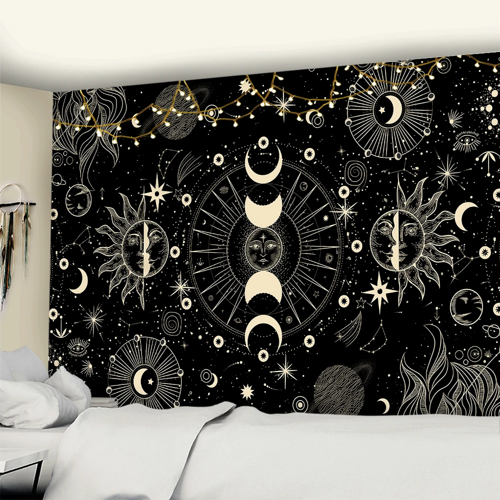 

White Black Sun Moon Mandala Starry Sky Tapestry Wall Hanging Bohemian Gypsy Psychedelic Tapiz Witchcraft Astrology Tapestry