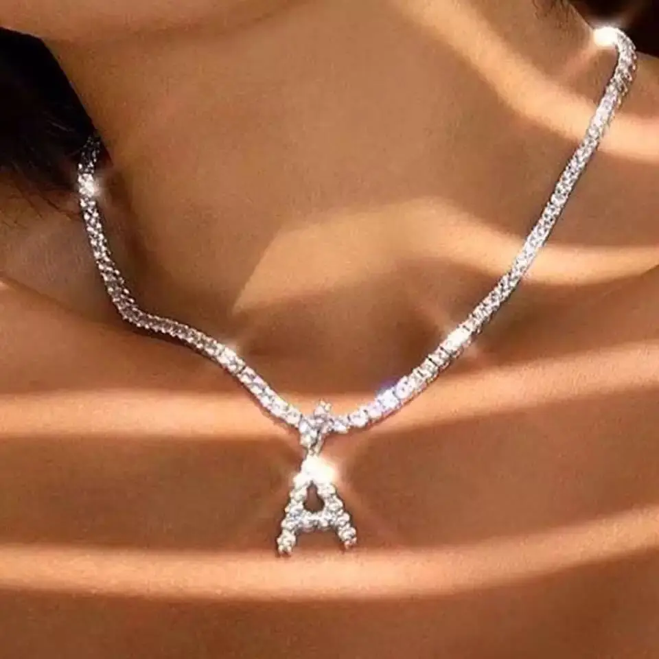 

Ice out A-Z Letter Initial Pendant Necklace Silver Color Tennis Chain Choker Necklace Female Fashion Statement Jewelry